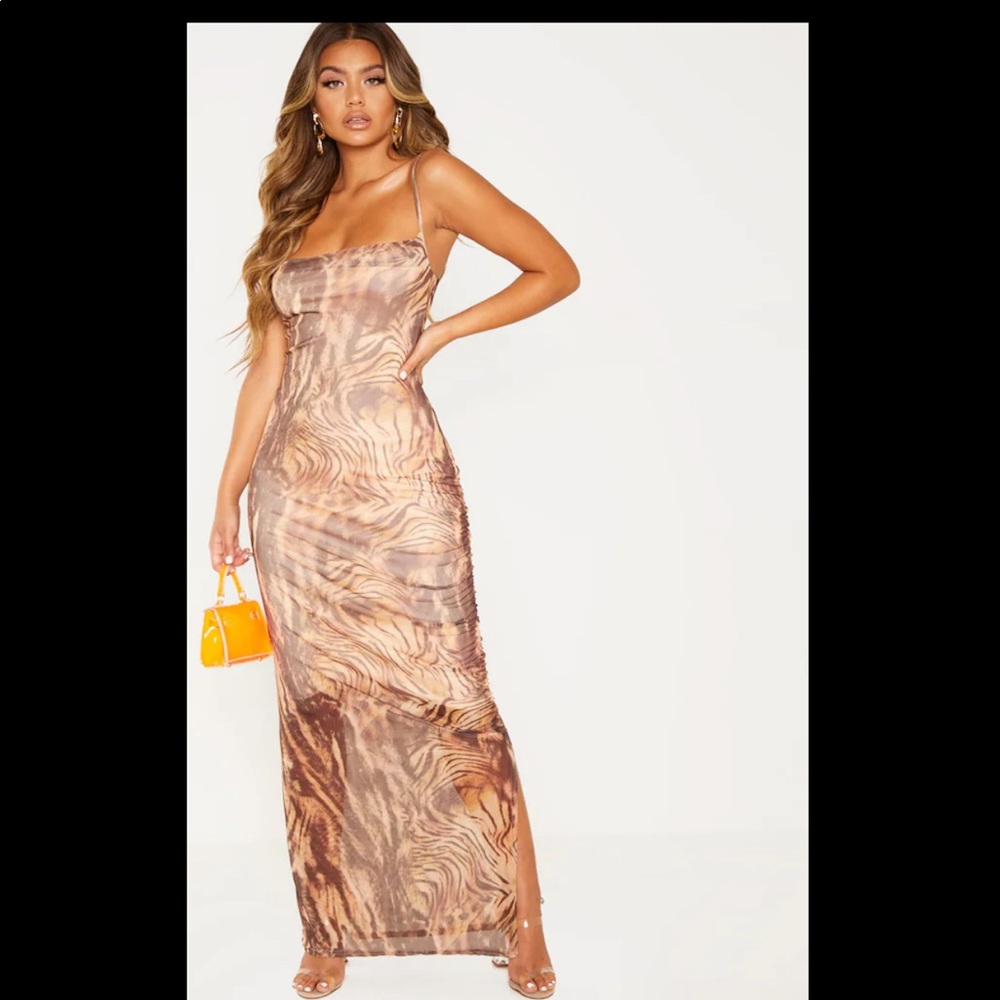Brown mesh ruched maxi dress
